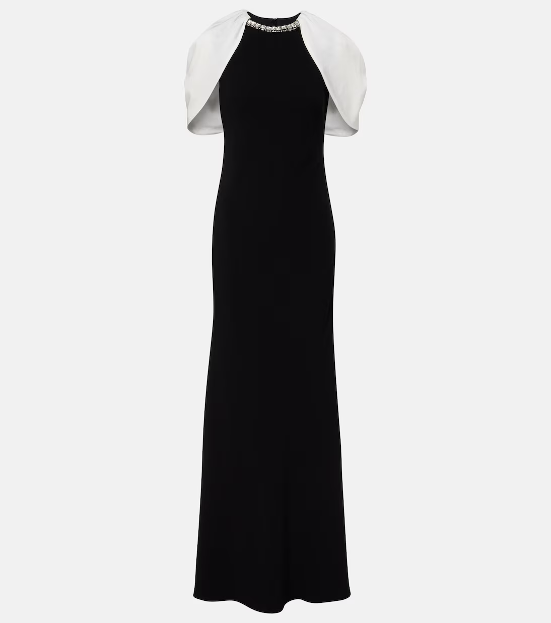 RM Gathered Contrast Shawl Crystal Trim Neckline Gown Maxi Dress in Black/white