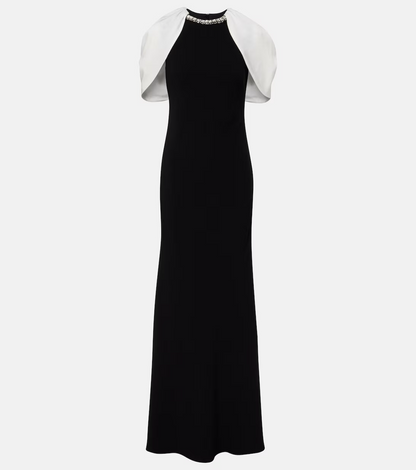 RM Gathered Contrast Shawl Crystal Trim Neckline Gown Maxi Dress in Black/white