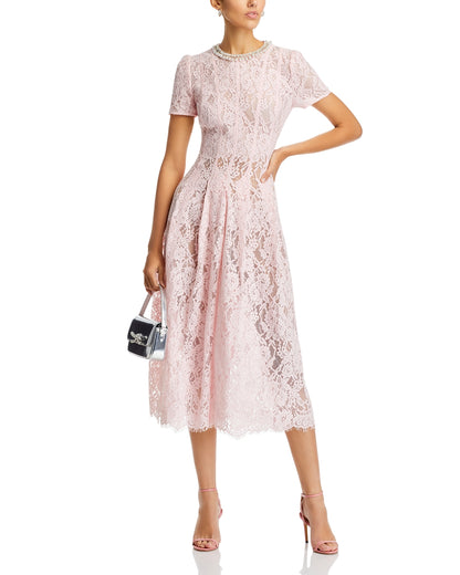 5 Colors! SP Cord Lace Embellished Short Sleeved Midi Dress in Yellow | White | Blue | Pink | Navy (with detachable nude inner slip)