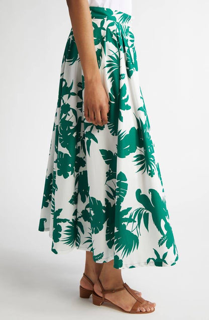 MM Idoneo Tropical Print Pleated Cotton Midi Skirt