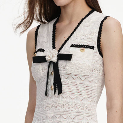 SP White Pointelle Knit Bow Midi | Mini Dress