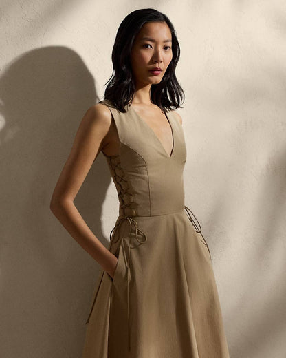 RL Renna Cotton Gabardine Lace Bodice Day Midi Dress