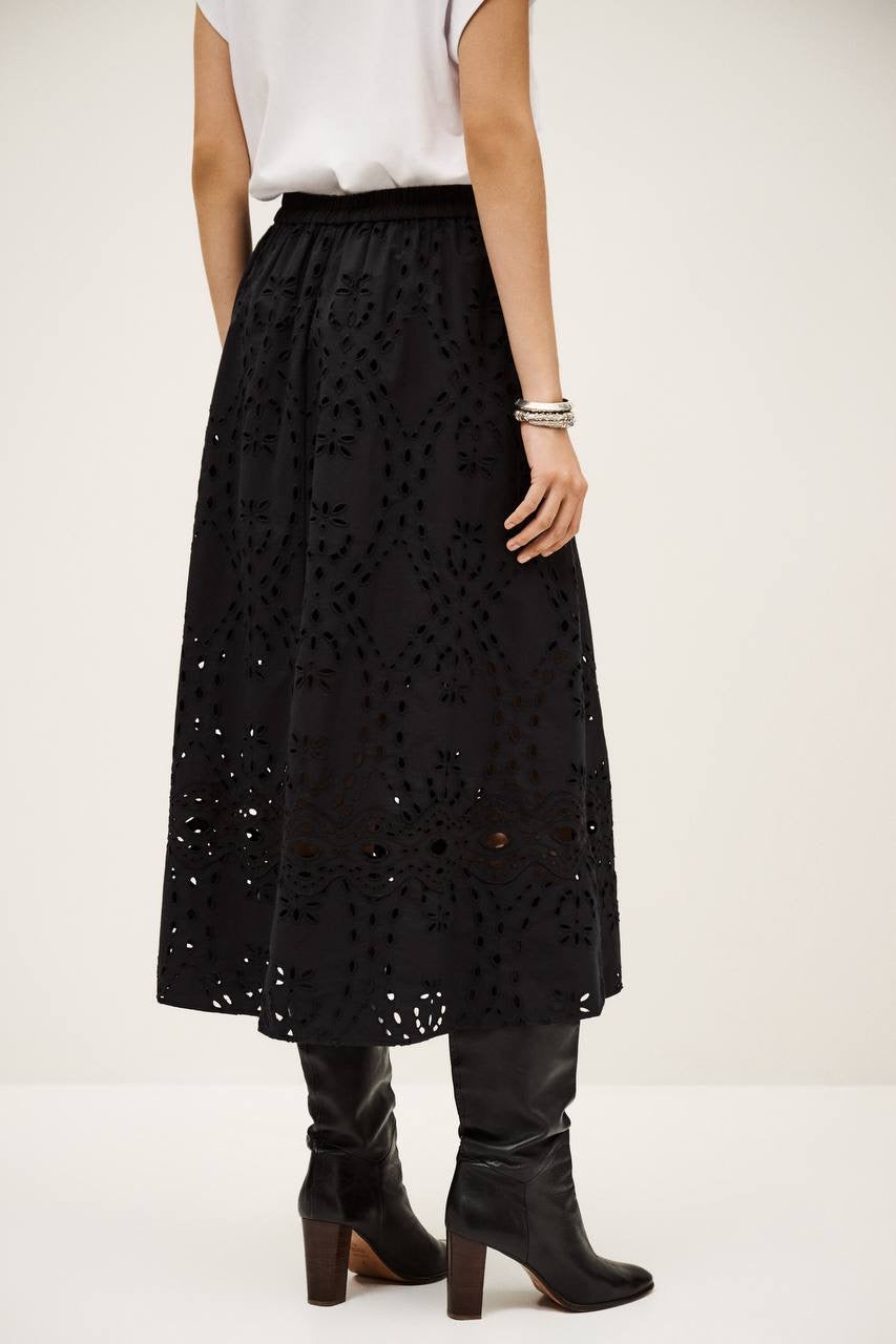 BA Bela Embroidered Eyelet Flared Organic Cotton Midi Skirt