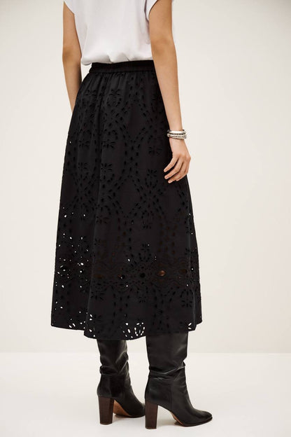 BA Bela Embroidered Eyelet Flared Organic Cotton Midi Skirt