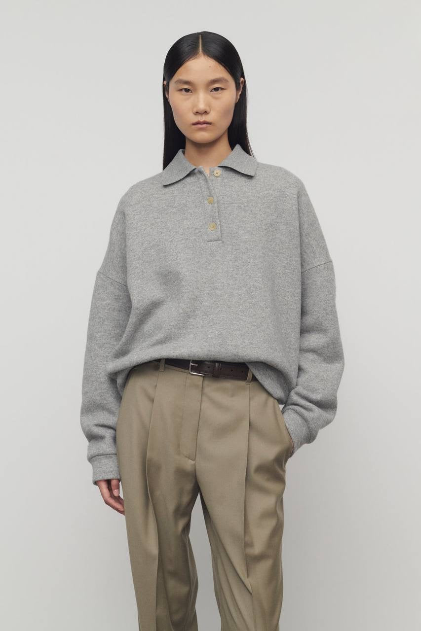 TR Corzas Cashmere-Cotton Polo Sweatshirt Long Sleeve Top in Grey