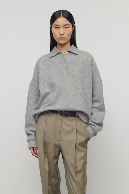 TR Corzas Cashmere-Cotton Polo Sweatshirt Long Sleeve Top in Grey
