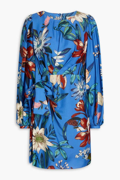 FR Blue Surreal Flowers Viscose Wrap Mini Dress