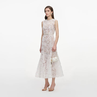 SP White Tulle Lace Belted Midi Dress