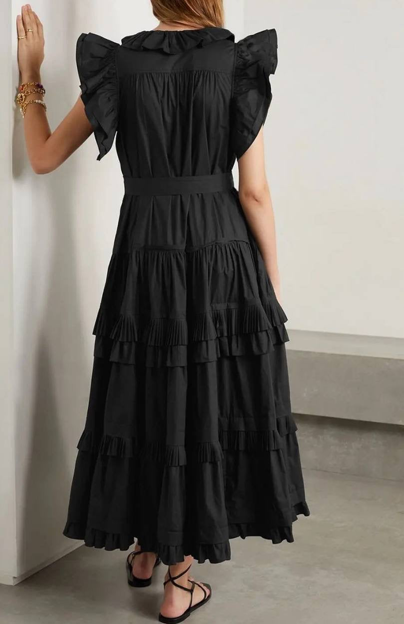 UJ Elsie Ruffle Sleeve Cotton Midi Dress in Noir Black