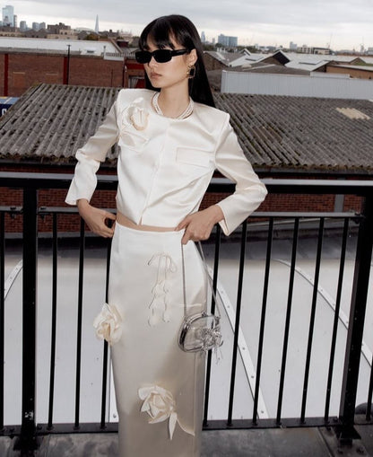 SP Cream 3D Flower Satin Jacket | Midi Skirt