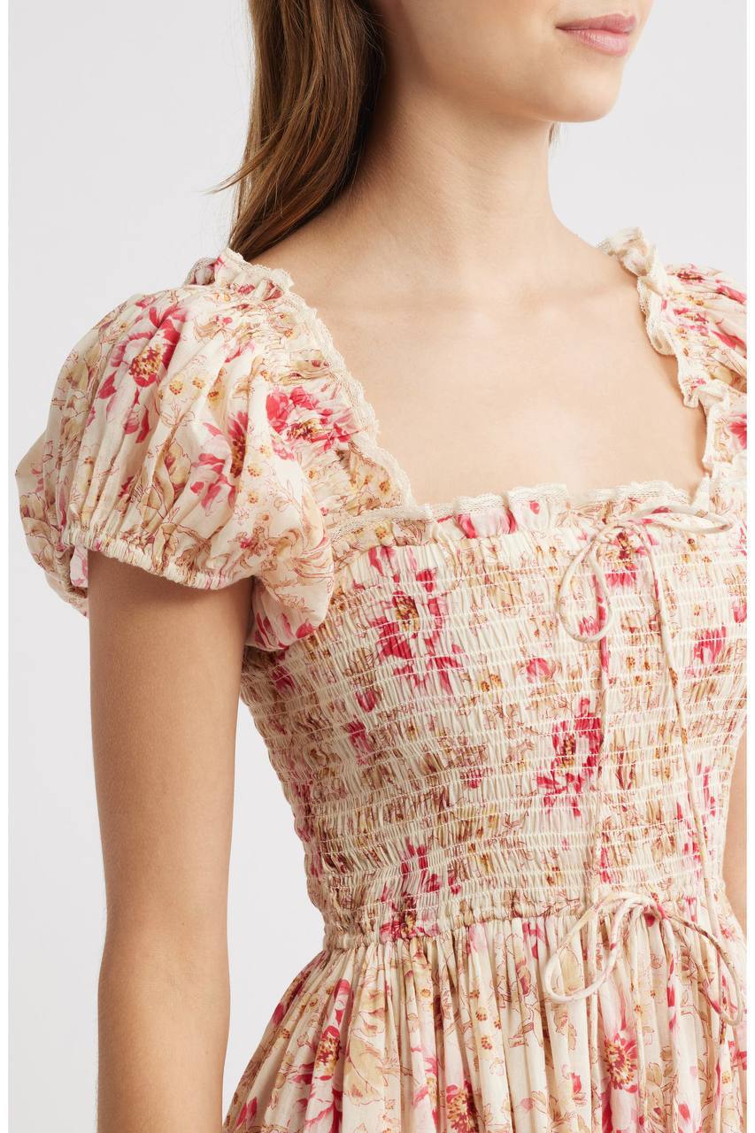 DN Floral Smocked Organic-cotton Midi Dress