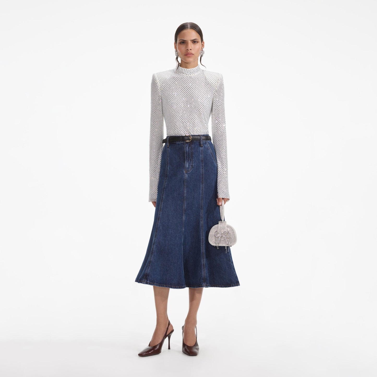 SP Flared Denim Cotton Midi Skirt