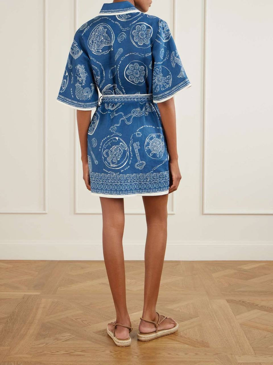 ALM Blue Lucky Belted Linen Mini Dress Shirtdress