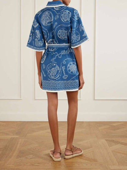 ALM Blue Lucky Belted Linen Mini Dress Shirtdress