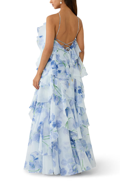 AJ Pandorea Halter Layered Maxi Dress in Iris Blue Floral & Butter Yellow