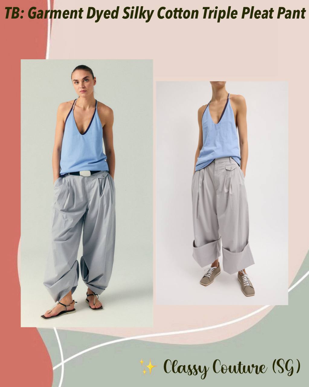 TB Garment Dyed Silky Cotton Triple Pleat Pant in Washed Khaki-Grey