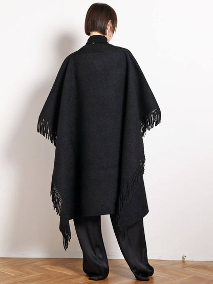 Tot Fringed High-Low Wool-blend Poncho Cape