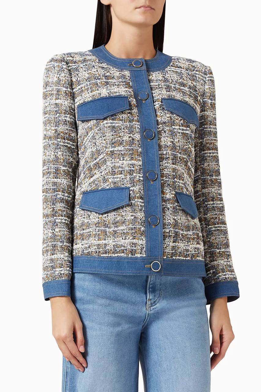 VB Ainslie Tweed Cotton-Blend Jacket w Denim Contrast Trim