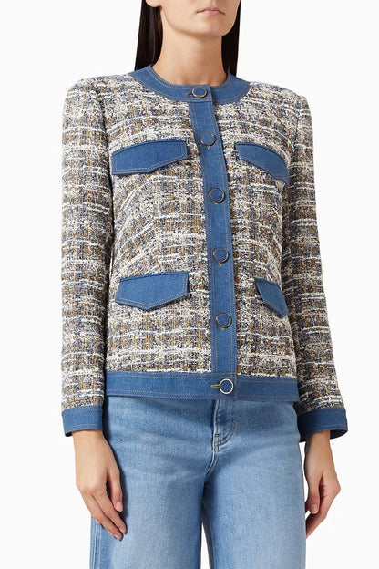 VB Ainslie Tweed Cotton-Blend Jacket w Denim Contrast Trim