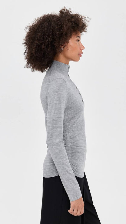 TH Shirred Henley Regal Wool Sweater Quarter Button Long Sleeve Top
