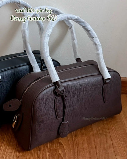 TR E/W India Grained Calfskin Leather Bowling Shoulder Bag in Black & Brown