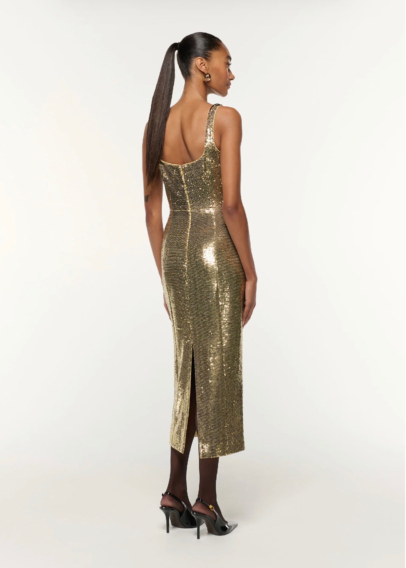 RM Gold Square Neckline Sequin Cocktail Midi Dress