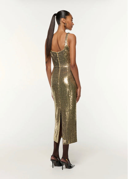 RM Gold Square Neckline Sequin Cocktail Midi Dress