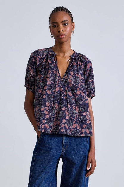 AA Lumina Popover | Trinidad Cotton Blouse Top in Camille Floral Navy