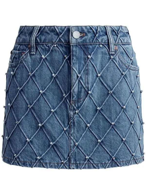 AO Joss High Rise Quilted Embellished Denim Mini Skirt