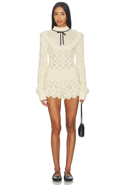 FLL Lelia Yoke Long Sleeve Top | Shorts | Cream Cotton Knit Set