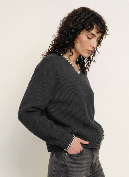 Grey Braided V-Neck Wool-blend Jumper Sweater
