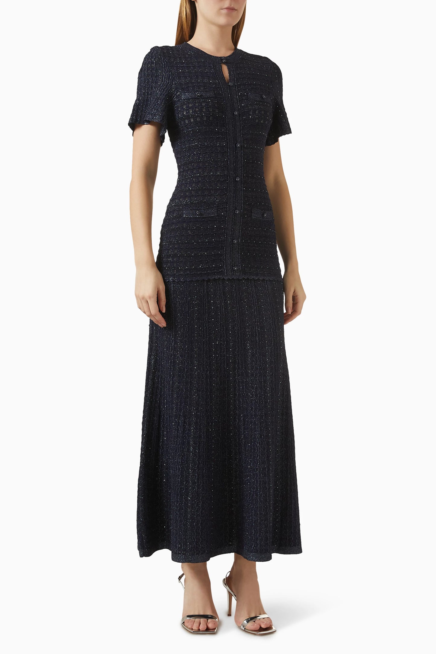 SD Diane Blue Rhinestone Viscose-blend Metallic Knit Maxi Dress
