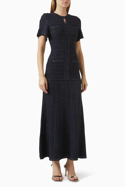 SD Diane Blue Rhinestone Viscose-blend Metallic Knit Maxi Dress