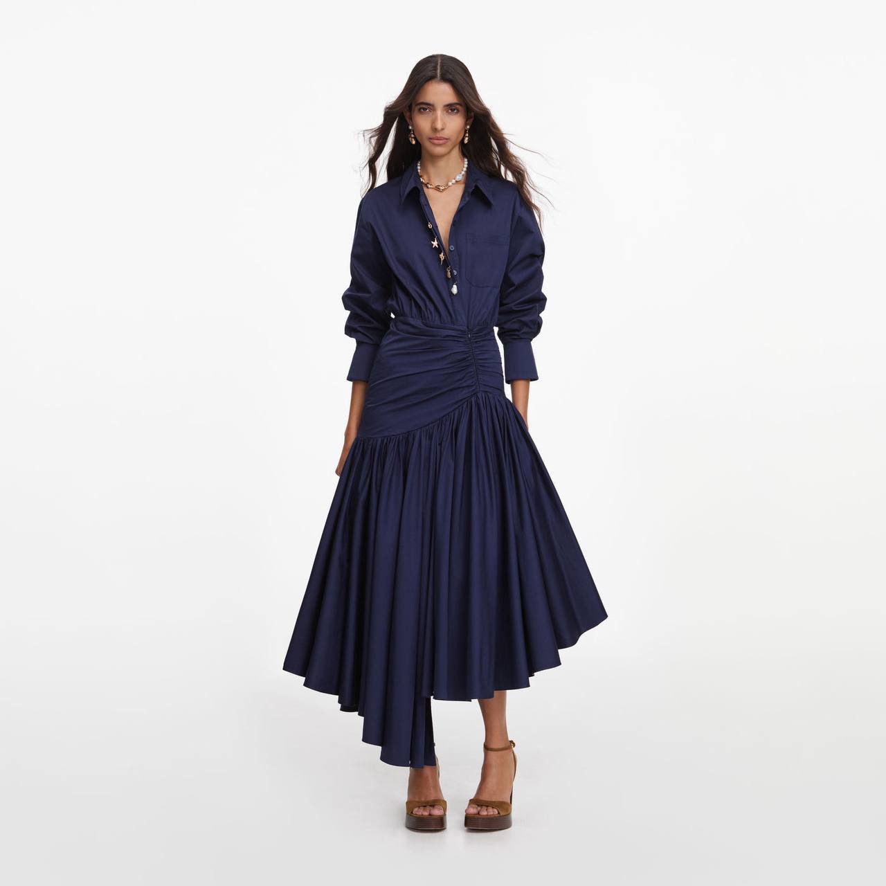 SP Navy Cotton Asymmetrical Midi Dress