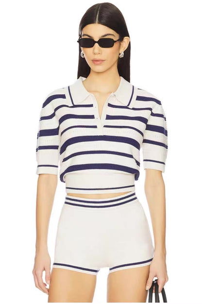 FLL Simona Pointelle Striped Polo Shirt | Shorts | Set