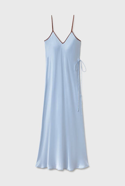 SL 90S Adjustable Silk Slip Midi Dress in Cornflower Blue /Red Contrast