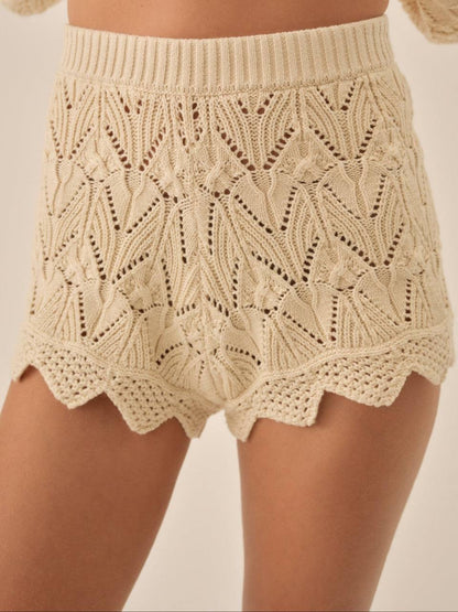FLL Lelia Yoke Long Sleeve Top | Shorts | Cream Cotton Knit Set