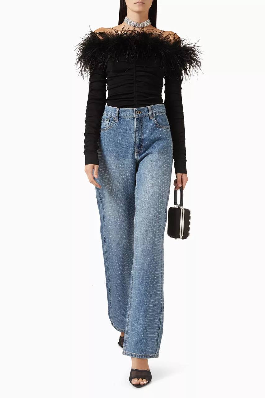 SP Feather-trim Off-shoulder Top in Knit