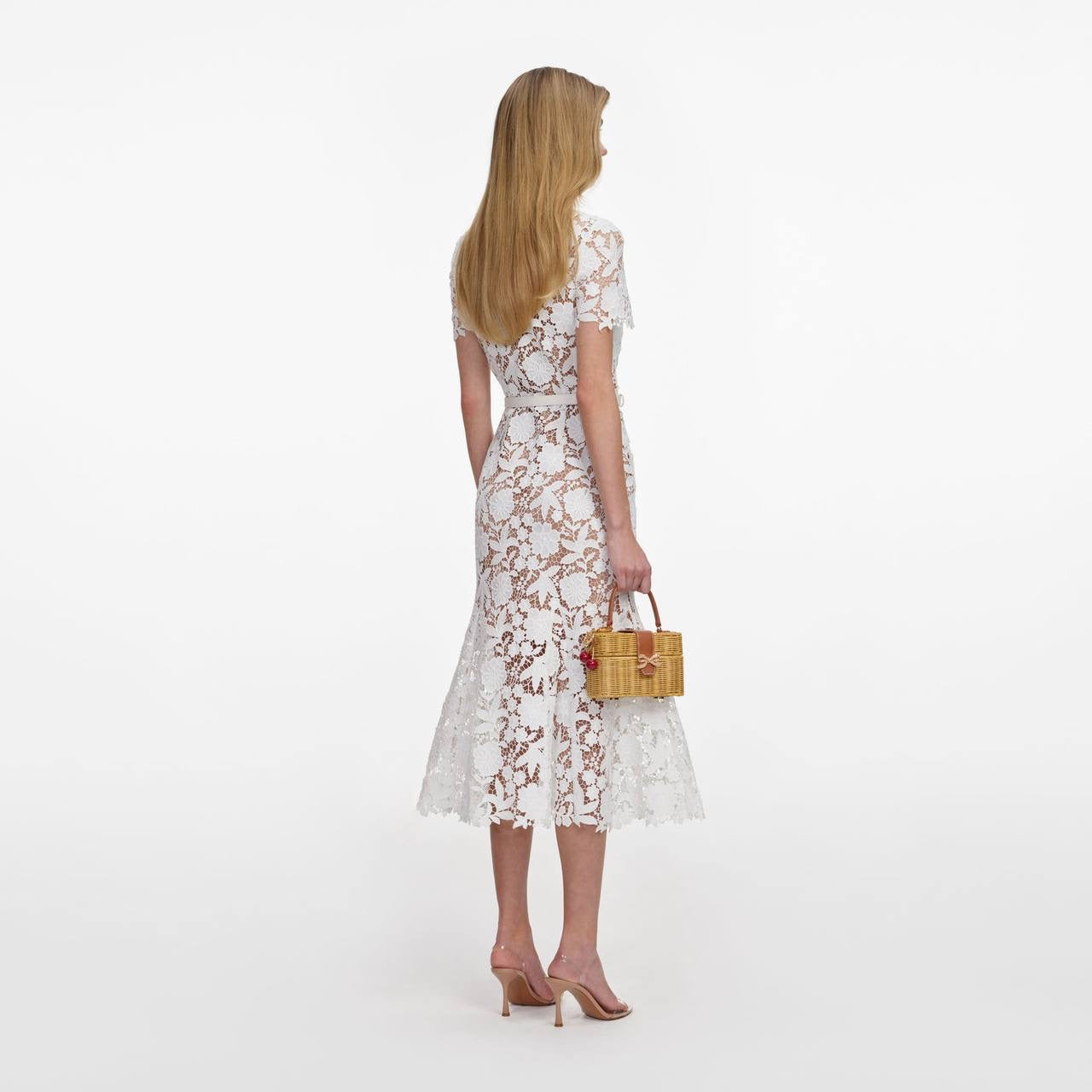 SP White Lace Collared Mermaid Belted Midi Dress