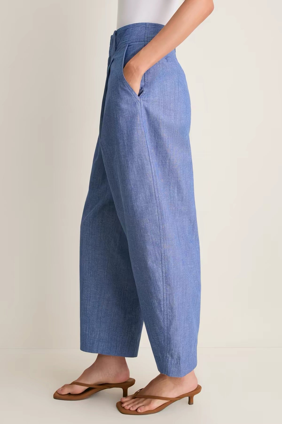 AA Godet Crop Tank Top | Bari Shorts/Crop Trousers | Elan Palazzo Pant | Chambray Blue Cotton-linen Set