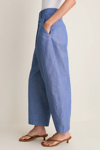AA Godet Crop Tank Top | Bari Shorts/Crop Trousers | Elan Palazzo Pant | Chambray Blue Cotton-linen Set