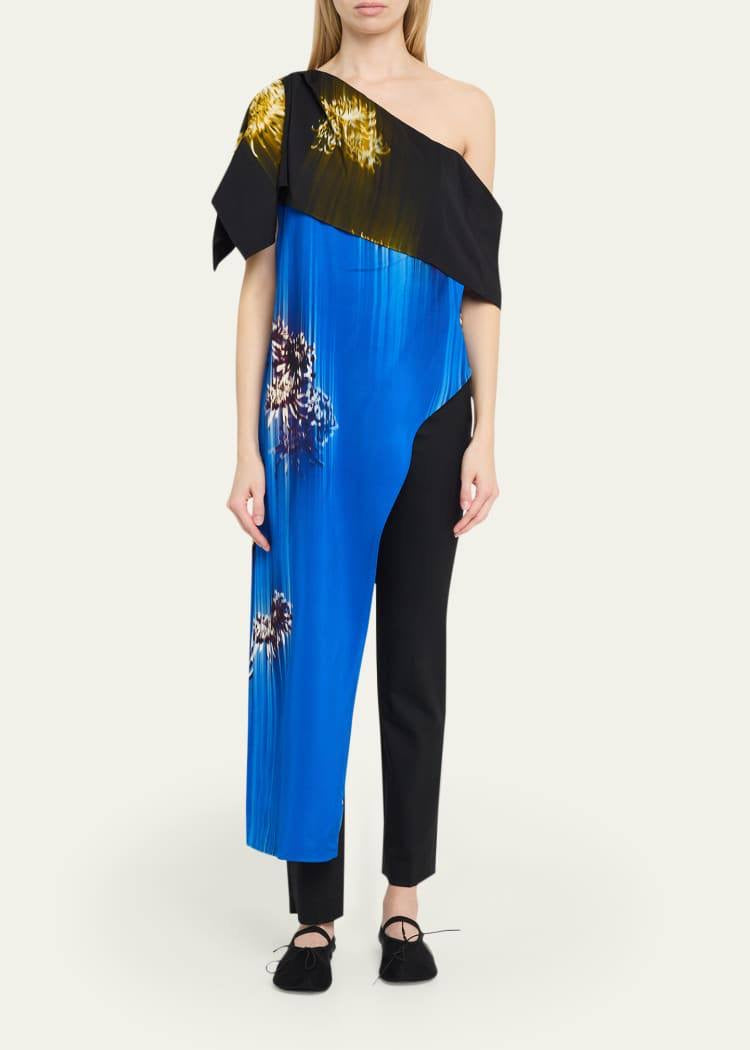 PS Haya Printed Asymmetric Draped Off Shoulder Viscose Cady Long Top