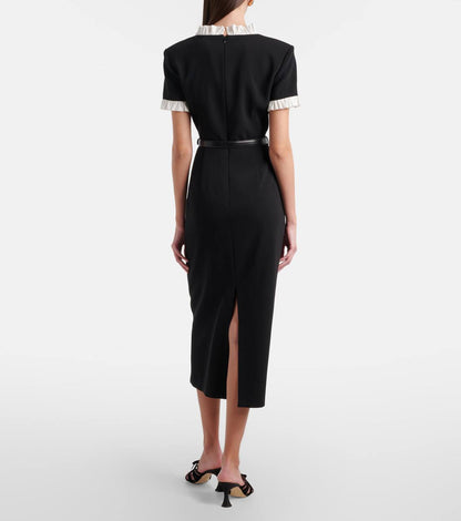 SP Black Crepe Contrast Frill Midi Dress