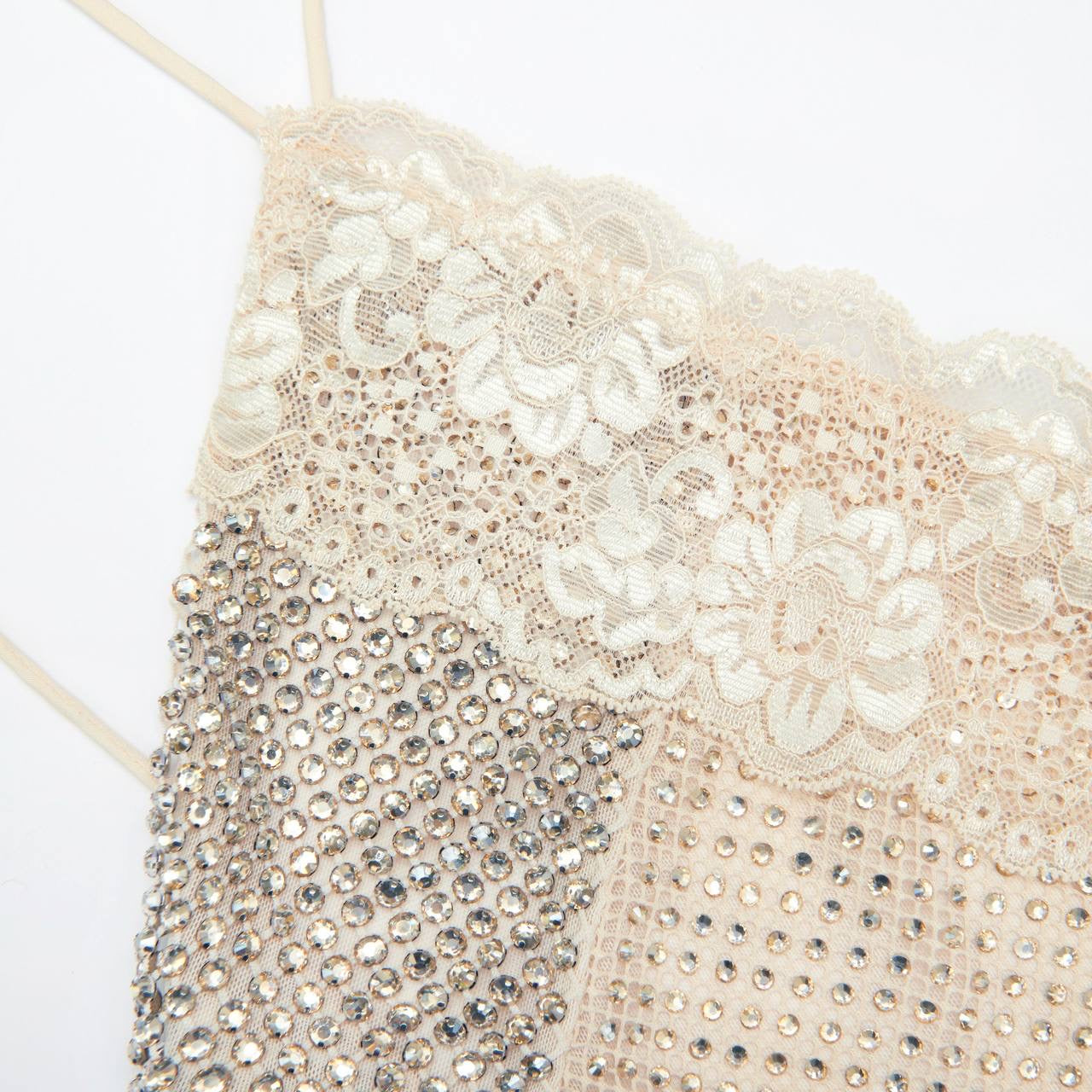 SP Champagne Rhinestone Lace Trim Halter Backless Maxi Dress