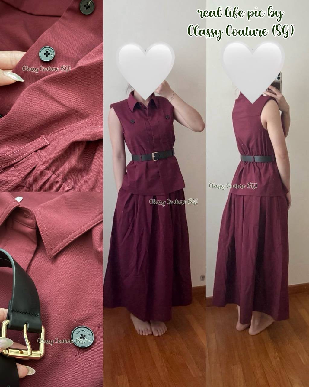 SP Burgundy Twill Belted Midi Dress (Top & Skirt Set)