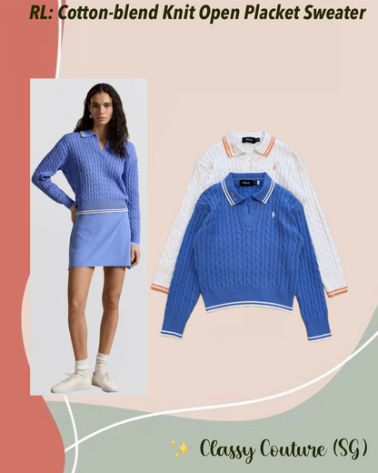 RL Long Sleeve Cotton-blend Cable Knit Polo Open Placket Contrast Sweater Jumper