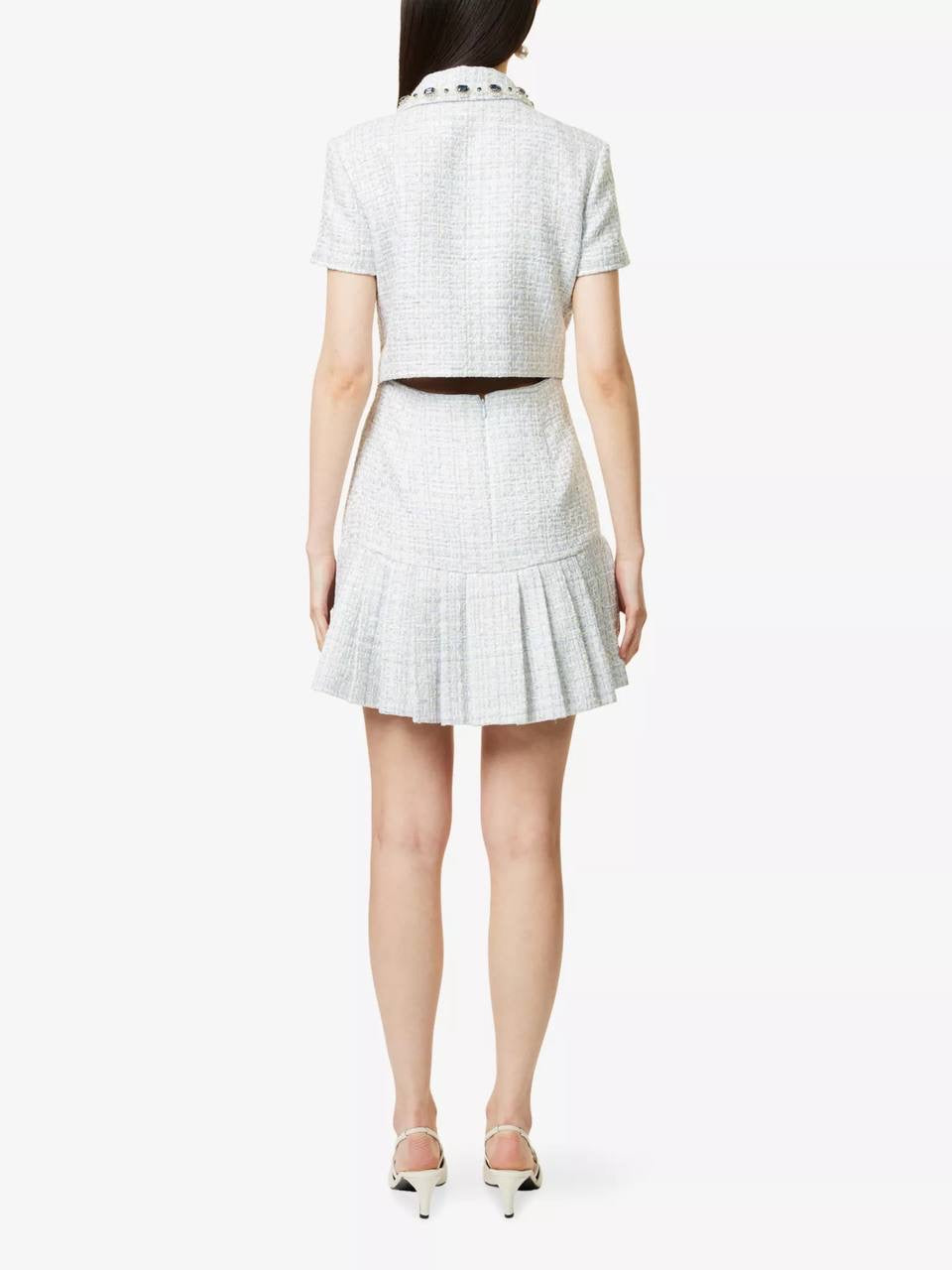 SP Diamante-trim Blue Boucle Pleated Skirt Mini Dress