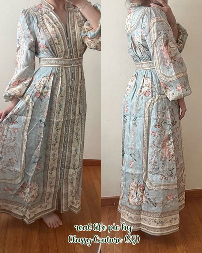 046ZM Blue Floral Tapestry Buttoned Linen Midi Dress