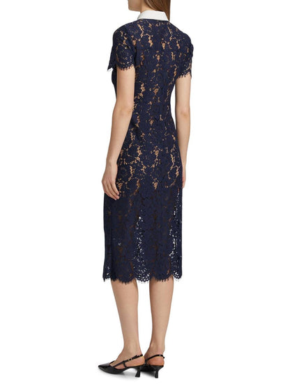 SP Navy Blue Lace Contrast Collar Midi Dress