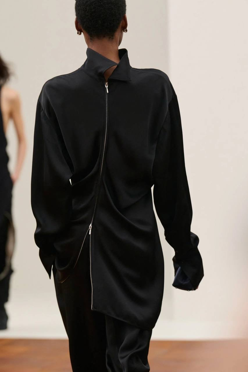TOT Slouch Zip-Front Drape Satin Blouse Top